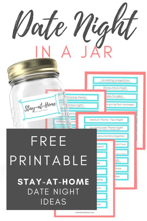 Put the kids to bed and have a date night IN. All these ideas are simple and require little prep. FREE printable can be placed in a JAR and pulled out for a fun night in. The point is spending time together, not making things complicated! Date Night Ideas In A Jar, Date Night Printables Free, Date Night Coupons Printable Free, Free Date Night Ideas At Home, Date Night Jar Ideas Diy, Date Night Planner, Stay At Home Date Night, Dates In A Jar, Inexpensive Dates