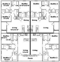 Four Plex Floor Plans, Multi Unit Housing, Quad Plex Floor Plans, Quadruplex Apartment, 4plex Apartment Plans, Fourplex Floor Plans, 4 Plex House Plans Single Story, Quadplex Floor Plans Single Story, Quadplex Floor Plans