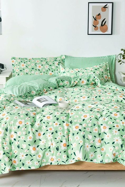 Plaid Bed Sheets, Plaid Bed, Green Duvet Cover, Flower Duvet Cover, Twin Size Duvet Covers, Plaid Bedding, Ideas Decoracion, Bed Cover Sets, Floral Bedding Sets