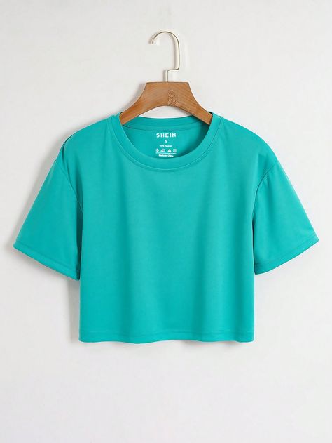 Turquoise Tops For Women, Turquoise Top Outfit, Shein Clothes, Plain Crop Tops, White Shorts Outfit, Plain Tee Shirts, Turquoise Shirt, Summer Pedicure, Mood Clothes