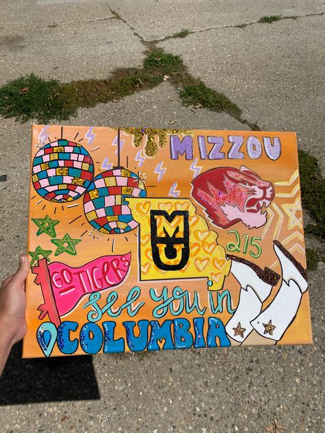 Custom college town painting made to order *THIS SPECIFIC PAINTING IS NOT FOR SALE JUST AN EXAMPLE Send me an email to brookwalker0901@gmail.com after you place your order with you specific college town and what item you would like in the painting ( Example: cowboy boots, state outline, mascot, disco balls, stadium, sorority letters, etc.) also send colors you would like and I will do the rest!! I have different colored glitter that I can use to accent as well!!  Thank you for shopping small💘 College Wall Painting, Collage Inspo Aesthetic, University Canvas Painting, Diy College Canvas Art, College Painting Canvases, College Town Canvas Paintings, Ole Miss Canvas Painting, License Plate Sorority Canvas, College Town Painting