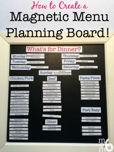 I love how this menu board makes the weekly menu planning process so simple- all I have to do to pick and choose family dinners from my list and just move them into their daily spot. No more answering the question, "What's for Dinner?"- my kids know exactly where to look!  #MenuPlanning #MenuBoard #DIYMenuBoard #WeeklyMenuPlanner #GetOrganized via @sharonmomof6 Magnetic Menu Board, Menu Planning Board, Menu Board Diy, Weekly Menu Boards, Family Command Centers, Get Organized At Home, Planners For Moms, Weekly Menu Planners, Getting Organized At Home