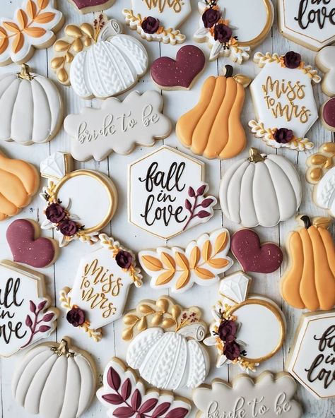 WeddingWire on Instagram: “Oh my gourd, we're falling in love! 🧡✨ - - - - 🍪 @jessievirginia via @weddingwirecanada” Bridal Shower Cookie Cake, Fall Bridal Shower Cookies Decorated, Fall Bridal Shower Ideas Food, Wedding Cookies Decorated, Fall Decorated Cookies, Halloween Sugar Cookies Decorated, Wedding Shower Cookies, Fall In Love Bridal Shower, Anniversary Cookies