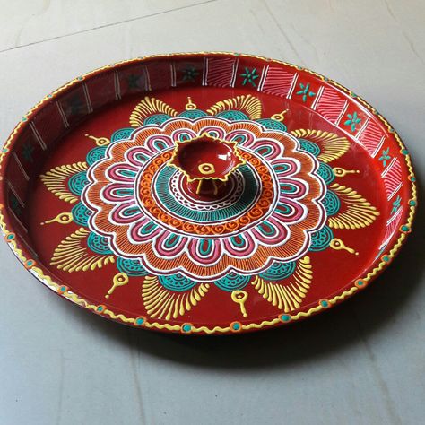 Dish Decoration, Kalash Decoration, Aarti Thali, Painted Mirror Art, Puja Thali, Handmade Decorative Items, Thali Decoration, Marriage Function, Diya Decoration