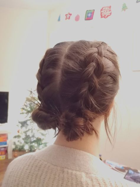 Dutch braids into 2 low space buns Dutch Braids Into Two Low Buns, Low Space Buns Braided, Braid Bun Hairstyles Short Hair, Braided Space Buns Low, Dutch Braid Space Buns Tutorial, Low Braided Space Buns, 2 Braid Bun Hairstyles, Two Braids Into Low Bun, Short Hair Low Space Buns