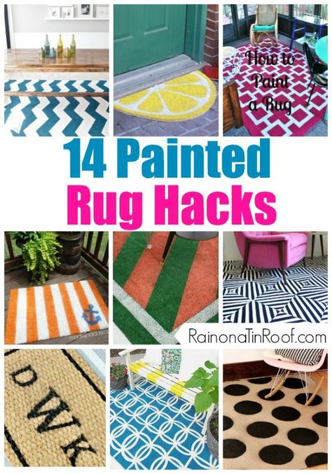 Don't want to pay the high price for a beautiful rug? Paint a basic rug with ideas from these rug hacks for a fraction of the price. 14 Painted Rug Hacks via RainonaTinRoof.com Rug Hacks, Diy Hanging Shelves, Wine Bottle Diy Crafts, Mason Jar Crafts Diy, Painted Rug, Floating Shelves Diy, Wine Bottle Diy, Creation Couture, Diy Rug