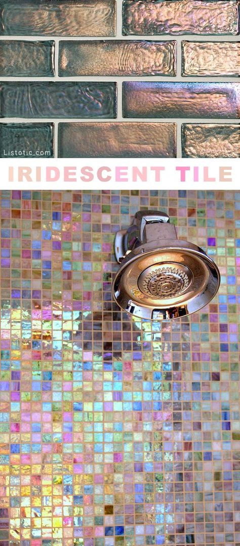 I love this shimmery tile!! Lots of creative tile ideas for kitchen back splashes, master bathrooms, small bathrooms, patios, tub surrounds, or any room of the house! Tile Ideas For Kitchen, Tub Surrounds, Back Splashes, Iridescent Tile, Creative Tile, Master Bathrooms, Ideas For Kitchen, Farmhouse Side Table, Revere Pewter