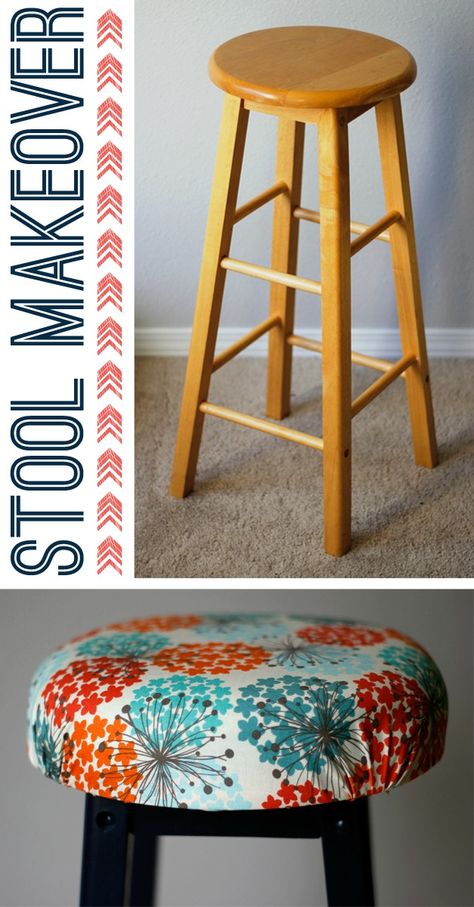 Bar stool makeover - All you need is a little paint, foam, fabric, and some TLC. Bar Stool Makeover, Stool Makeover, Diy Stool, Kitchen Chair Cushions, Diy Makeover, Refurbished Furniture, Kitchen Bar Stools, Flipping Furniture, Redo Furniture