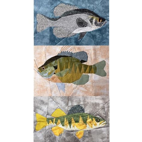 A modern paper piecing quilt block. Crappie, Bluegill, Yellow Perch FPP: Freshwater Fishing Series Set 3 Block Set Each Finished Size: 14" x 21" Block (altogether 42" tall  x 21" wide) Level of Difficulty: Moderate/Advanced (3-4) (Crappie comes with an alternative color scheme included) (Yellow Perch comes with a simpler eye version included) Instant downloadable pattern includes: *Finished Product Image *Mirrored Image for Piecing *Piecing Order Instructions *Pattern pieces--1 set of blank pieces you can write your own numbers on, and 1 set of pieces with color indicators *Color Chart Pattern pieces include 1/4" seam allowance.  All patterns have been personally tested. For additional patterns please check out my shop: LoverOfLifeDesigns.etsy.com Level difficulty reference: 1: Easy--begin Fishing Quilt Patterns, Paper Pieced Fish Quilt Patterns Free, Quilt Fish Pattern, Animal Quilt Patterns, Patchwork Fish Pattern, Fish Patchwork, Tshirt Upcycle, Yellow Perch, Fish Theme