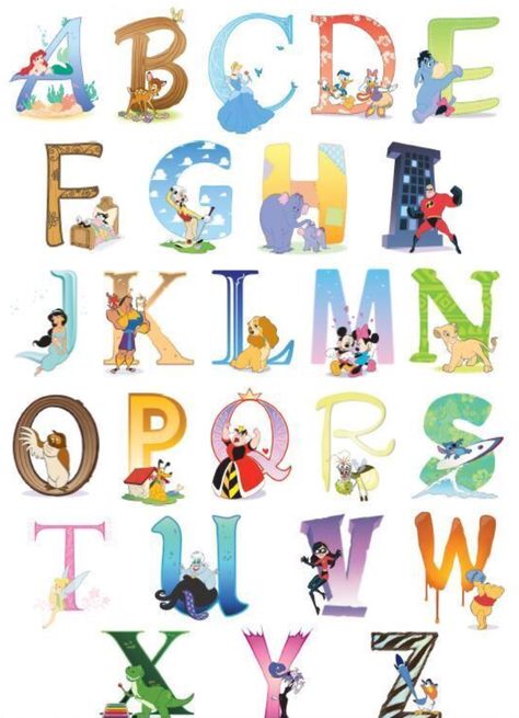 Disney Characters Letters, Disney Playroom, Alphabet Disney, Disney Themed Nursery, Disney Letters, Abc Patterns, Disney Alphabet, Alphabet Chart, Disney Classroom