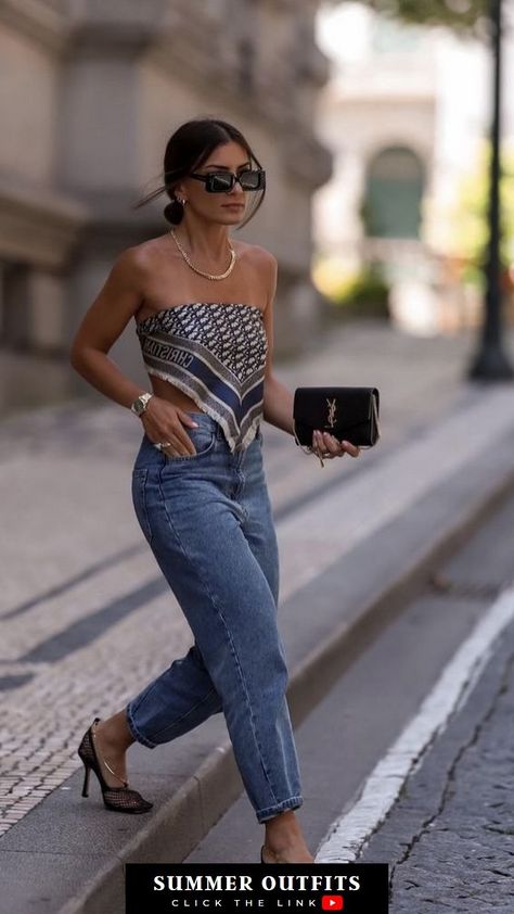 summer outfits fashion - summer outfits dresses - summer outfit ideas - summer outfit inspiration Summer Jean Outfits, Chic Denim Outfits, Scarf As A Top, Summer Denim Outfits, Summer Outfits Dresses, Casual Chic Denim, Casual Denim Outfits, Lunch Outfit, Street Style Outfits Casual