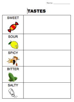 taste tests for kids sour bitter or salty sweet - Google Search 5 Senses Taste Test Preschool, Esl Worksheets For Beginners, Test For Kids, Worksheets For Preschoolers, Senses Activities, 1st Grade Science, Healthy Bodies, Gold Class, Teaching Esl