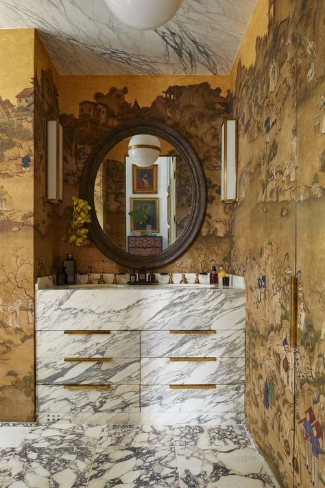 Brown Interiors, Designer Bathrooms, Parisian Hotel, Lighting Tips, Geometric Floor, Perfect Bathroom, Newport Brass, Glass Shower Enclosures, Chrome Fixtures