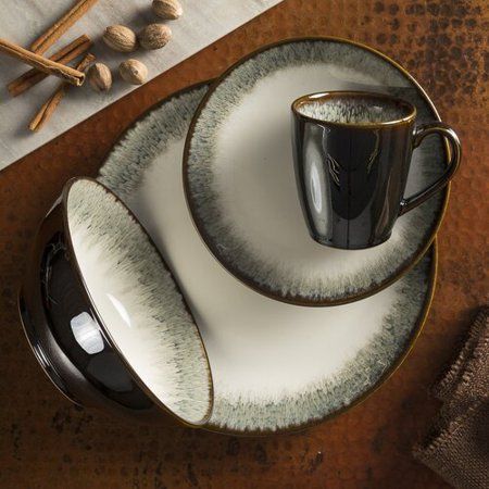 Boho Dinnerware, Dinnerware Sets Walmart, Stoneware Dinner Sets, Green Dinnerware, Stoneware Dinnerware Sets, White Dinnerware, Stoneware Dinnerware, Reactive Glaze, Porcelain Dinnerware