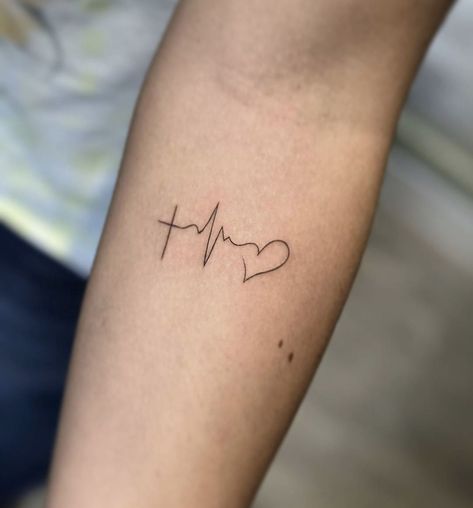 Heartbeat Tattoo With Date, Cross Heartbeat Tattoo, Tattoo Heartbeat, Lifeline Tattoos, Heartbeat Tattoo Design, Cross Tattoo On Wrist, Finger Tattoos For Couples, Basic Tattoos, Tiny Wrist Tattoos