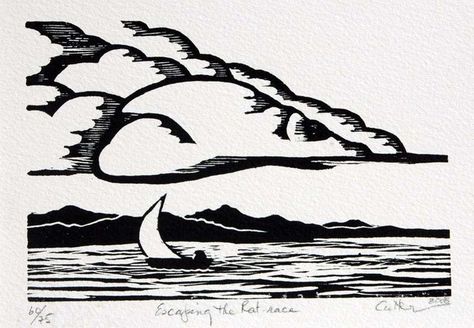 Sailboat and Clouds original woodcut relief print by Diane Cutter ... Linoleum Printmaking, Linoleum Print, Linoleum Block Printing, Cloud Tattoo, Lino Art, Lino Cut, Linocut Art, Printmaking Art, Relief Print