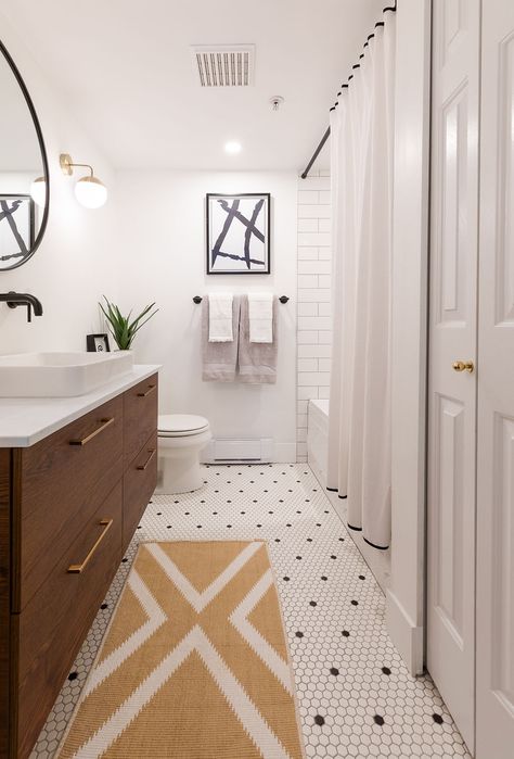 White Midcentury Bathroom, Modern 50s Inspired Bathroom, Penny Tile Bathroom Black And White, Boho Mid Century Bathroom, Modern Penny Tile Bathroom, Black White Penny Tile Bathroom, Bathroom Remodel Penny Tile, Penny Tile Small Bathroom, Midcentury Modern Bathroom Floor Tile