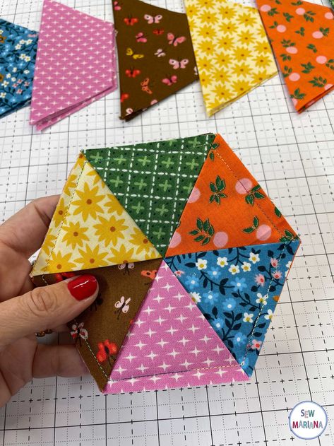 Hexagon Coasters Tutorial — Sew Mariana Charm Pack Coasters, Fall Quilted Coasters, Jelly Roll Coaster Pattern, How To Make Mug Rugs, Folded Fabric Coasters, Sewn Coasters Free Pattern, Simple Quilting Projects, Patchwork Pillows Ideas Free Pattern, Coasters Design Ideas