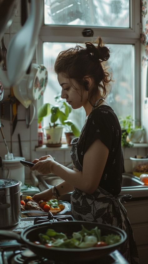 #HomeCooking Moment: A young #woman focused on chopping #vegetables in a cozy, sunlit #kitchen filled with greenery. #AIArt #AIPhoto #StockCake ⬇️ Download and 📝 Prompt 👉 https://stockcake.com/i/home-cooking-moment_639403_1099665 People Cooking Aesthetic, Kitchen Photoshoot Woman, Cooking Reference Pose, Man In Kitchen, Sunlit Kitchen, Mess Kitchen, Cooking Woman, Mother Cooking, Person Cooking