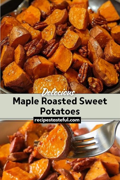 Maple Roasted Sweet Potatoes are a delicious and easy-to-make side dish featuring tender sweet potatoes coated in a sweet and savory maple syrup glaze. Enhanced with optional spices and topped with crunchy nuts, this dish is perfect for any occasion. Thanksgiving Sweet Potato Recipes, Maple Glazed Sweet Potatoes, Maple Syrup Glaze, Maple Sweet Potatoes, Sweet Potato Recipes Roasted, Sweet Potato Side Dish, Sweet Potato Sides, Sweet Potato Dishes, Glazed Sweet Potatoes