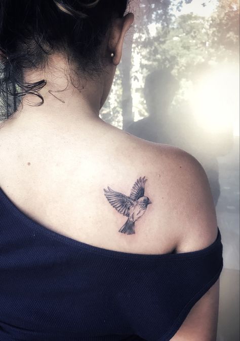 Flying Sparrow Tattoo, Sparrow Tattoo Placement, House Sparrow Tattoo, His Eye Is On The Sparrow Tattoo, Small Sparrow Tattoo, Sparrow Tattoo Meaning, Sparrow Bird Tattoo, Small Sparrow Tattoos, Maybe Tattoo