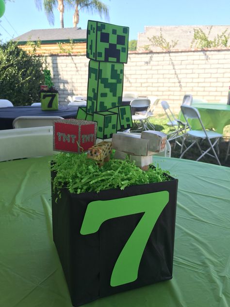 Minecraft centerpiece  by Ecreations Minecraft Birthday Table Decoration, Minecraft Table Decor, Minecraft Centerpiece Ideas, Minecraft Centerpiece, Diy Minecraft Birthday Party, Minecraft Bday, Minecraft Party Decorations, Minecraft Theme, 7 Birthday