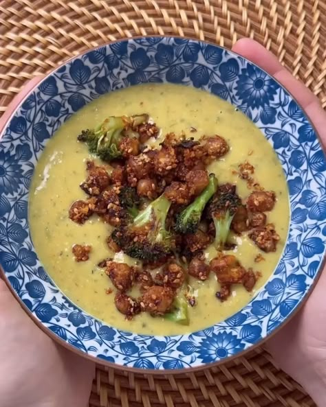 Recipe: Creamy Miso Broccoli Soup with Spicy Chickpeas Miso Broccoli Soup, Miso Broccoli, Spicy Chickpeas, Orange Cardamom, Crunchy Chickpeas, Good Carbs, Blueberry Sauce, Oat Pancakes, Broccoli Soup