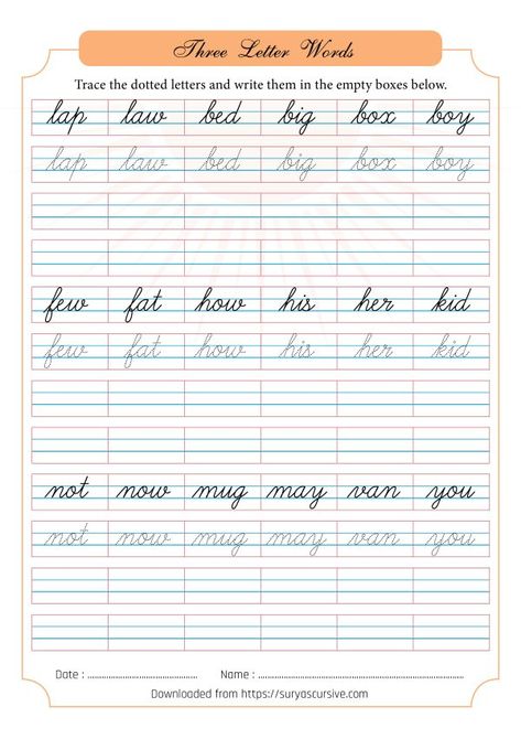 Surya's Cursive Writing Course - Practice Book 3 (isbn: 9788194151449 197 Cursive Writing For Kids, Words In Cursive, Cursive Writing Book, Cursive Practice Sheets, Cursive Letters Worksheet, English Comics, Two Letter Words, Cursive Writing Practice Sheets, Cursive Worksheets