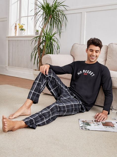 Multicolor   Long Sleeve Cotton Letter,Plaid Pajama Sets Embellished Slight Stretch  Men Underwear & Loungewear Pajamas Photoshoot, Mens Night Suit, Mens Flannel Pajamas, Print On T Shirt, At Home Outfits, Men Loungewear, Pajama Outfit, Mens Nightwear, Plaid Pajama