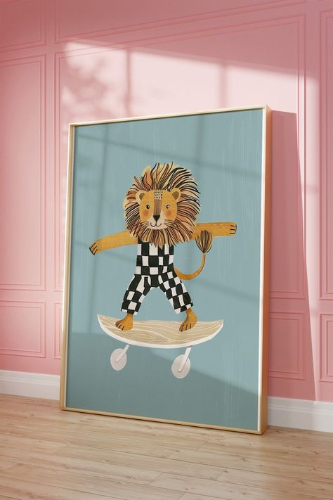 Transform your child's space with this charming lion animal print, perfect for nursery prints, kids room decor, and playroom wall art. This eclectic and colorful piece of art adds a playful and vibrant touch to any room, making it an ideal addition to your home decor. Crafted with care and attention to detail, this high-quality digital print captures the whimsical essence of the animal kingdom, creating a joyful atmosphere that both children and Fun Nursery Art, Nursery Wall Art Animals, Art For Kids Rooms, Modern Animal Art, Navy Blue Playroom, Maximalist Nursery Decor, Cool Boy Nursery, Funky Playroom, Toddler Boy Wall Decor