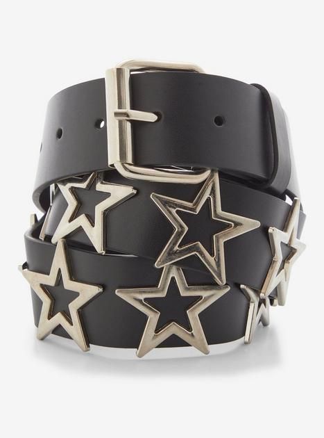 Black & Silver Star Faux Leather Belt | Hot Topic Rave Accessories Men, Cool Belts Fashion, Spiky Belt, Rock Star Clothes, Lauren Sanderson, Wonderland Outfit, Star Belt, Punk Belt, Star Accessories