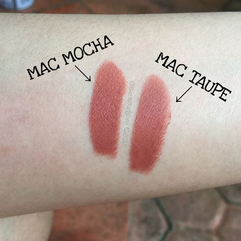 MAC Mocha (satin) vs MAC Taupe (matte) lipstick. Mocha is more peachy when… Mac Lipstick Taupe, Mac Mocha Lipstick, Mac Taupe Lipstick, Lipstick Loreal, Taupe Lipstick, Mac Chili Lipstick, Mocha Lipstick, Natrual Nails, Mac Taupe