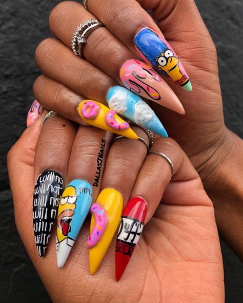 The Simpsons Nails, Simpsons Nails, J Nails, Fake Nails Designs, Celebrity Nails, School Nails, Crazy Nails, Coffin Shape Nails, Vacation Nails