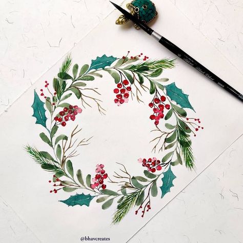 Wreaths Watercolor, Watercolor Christmas Cards Diy, Holiday Beading, Christmas Vibe, Wreath Drawing, Christmas Card Inspiration, Christmas Card Art, Watercolor Christmas Cards, Xmas Wreaths