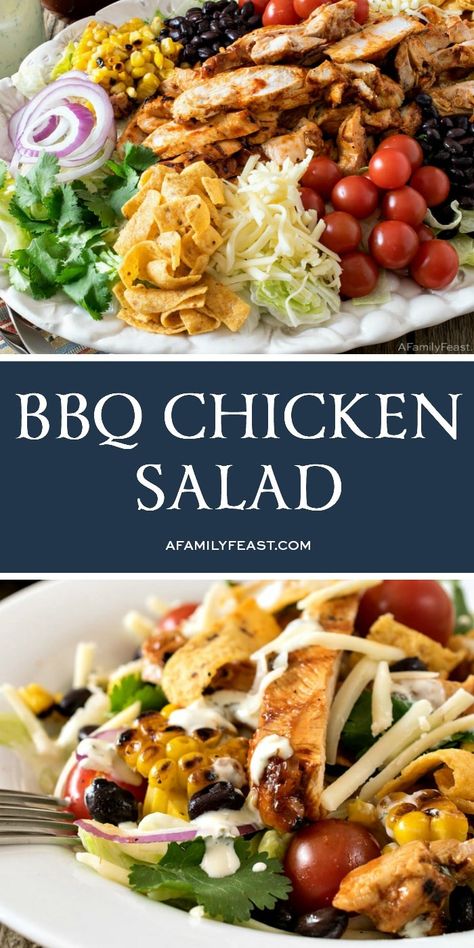 This BBQ Chicken Salad has crispy lettuce topped with tender, BBQ grilled chicken, grilled corn, black beans, shredded cheese and more! Bbq Chicken Salad Recipe, Salad Meals, Bbq Salads, Chicken Grilled, Grilled Bbq Chicken, Bbq Chicken Salad, Diner Recept, Salad Pasta, Family Feast