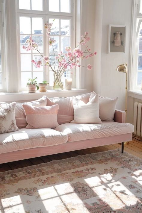 White And Light Pink Living Room, White Couch Pink Rug, Velvet Couch Living Room Ideas, Velvet Couch Living Room, Couch Living Room Ideas, Apt Decor, Pink Couch, Classy Living Room, Couch Living Room