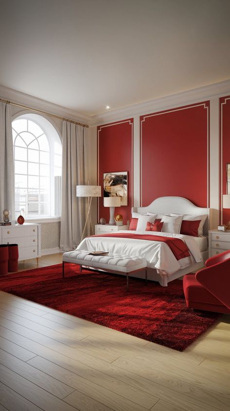 Step into this modern luxury bedroom where comfort meets style! The serene white walls and bed create a tranquil backdrop, beautifully complemented by vibrant red accents—a plush rug, chic chair, and inviting pillows that add warmth and personality. The light wood flooring and large window with soft curtains enhance the cozy atmosphere, making this space perfect for relaxation. #homedecor #bedroomredo #bedroomdecor #homedesign #fallbedroominspiration #falldecor Soft Curtains, Light Wood Flooring, Red Room Decor, Red Bedroom, Cozy Fall Bedroom, Chic Chair, Fall Bedding, Modern Luxury Bedroom, Light Wood Floors