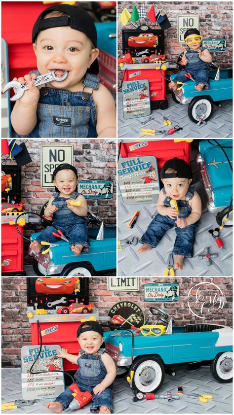 Cars Mechanic | First Birthday Session | Christy & Co. Photography Mechanic First Birthday, Mechanics Birthday Party, Baby Mechanic, Cars Mechanic, Mechanics Birthday, First Birthday Theme Boy, Monthly Baby Pictures, 1st Birthday Photoshoot, First Birthday Pictures