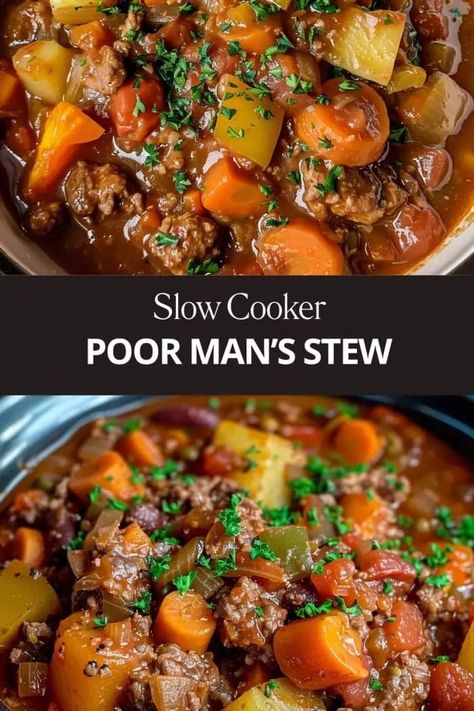 If there were a dish I could eat over and over again, this would be it Poor Man's Stew, Poor Mans Stew, Ground Beef Stews, Slow Cooker Ground Beef, Ground Beef And Potatoes, Slow Cooker Beef Stew, Potatoes Carrots, Beef And Potatoes, Poor Man