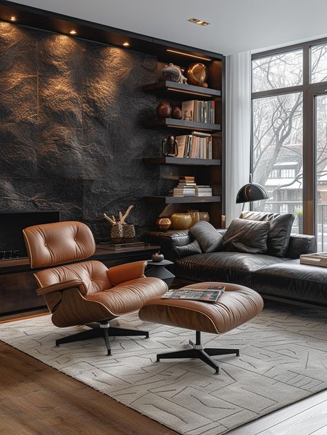 All Black Library Room, Library Room Black, Modern Men’s Living Room, Interior Design Men’s Room, Bachelor Pad Interior, Crib Aesthetic, Masculine Tv Room Bpack Chair, Bachelor's Pad, Panel Fireplace