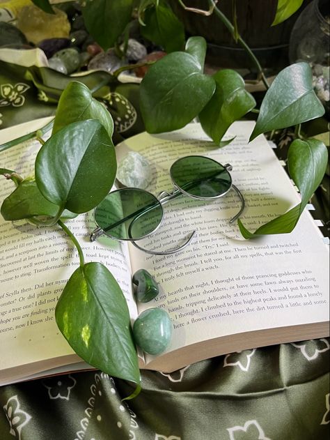 green mood / plants / john lennon glasses / book aesthetic / crystals Green Nerd Aesthetic, Notion Green Aesthetic, Green Books Aesthetic, Sp Pfps, Lennon Glasses, John Lennon Glasses, Writing Nook, Notion Board, Aesthetic Crystals