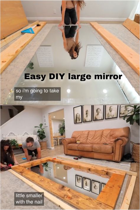 Large Mirror Wood Frame, Wooden Frame For Mirror, Reframing Large Mirror, Build Mirror Frame, Large Wood Mirror Bedrooms, Build Frame For Mirror, Framing A Large Mirror, How To Build A Mirror Frame, Large Mirror Frame Ideas