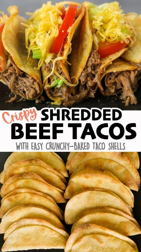 Shredded Beef Tacos with crunchy baked shells are a healthier & tastier alternative to the fried take-out kind! It's healthier, easier, and quicker to cook up a big batch of taco shells in the oven...less mess too! Click for the full detailed recipe and video! #beef #tacos #mexican #glutenfreerecipes #easyrecipe #mexicanfoodrecipes Mexican Taco Shells, Homemade Taco Shells Corn Tortillas, Deep Fried Shredded Beef Tacos, Oven Taco Shells, How To Make Crunchy Taco Shells, Shredded Beef Tacos Oven, Shredded Beef Tacos Stove Top, Crispy Oven Baked Tacos, Oven Baked Taco Shells