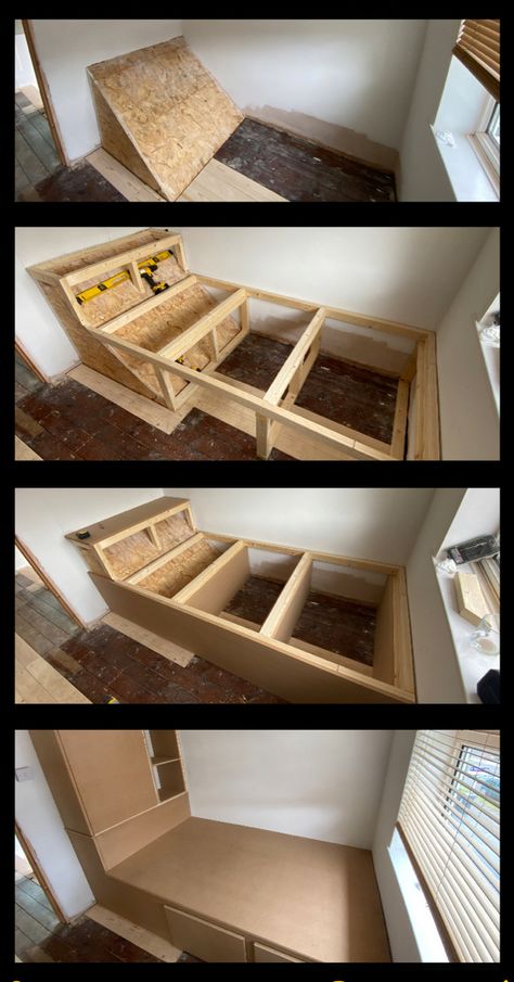 Staircase Bulkhead Ideas, Kallax Over Bed Storage, Beds Over Bulkhead, Box Bed Ideas, Box Over Stairs In Bedroom, Midsleeper Storage Ideas, Box Above Stairs Bedroom, Box Room Ideas Storage Solutions, Bed Above Stairs