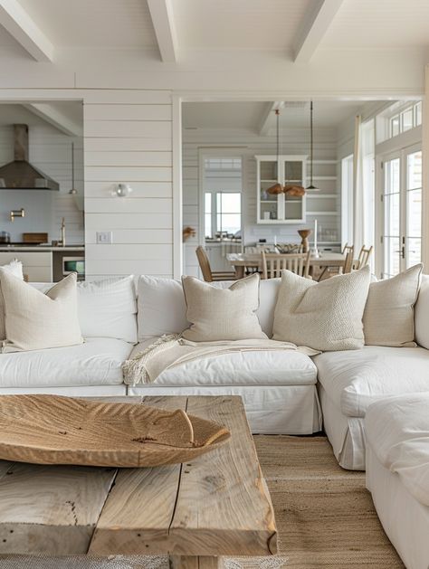 Beach House Family Room Ideas, Beach Front Interior Design, Light Wood House Decor, Modern Ranch Home Interior, Beach Farmhouse Aesthetic, Beachy Organic Modern, Shore House Living Room, Beach House Studio, Restoration Hardware Beach House