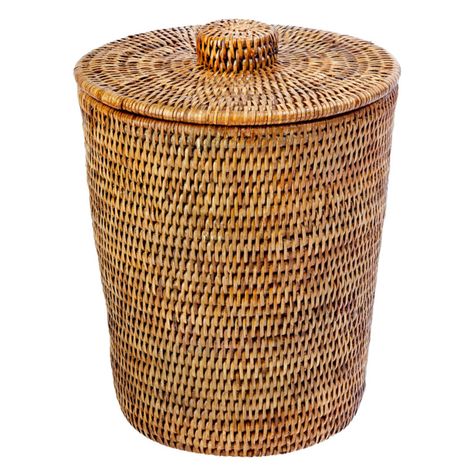 Kouboo LLC La Jolla Round Rattan Waste Basket with Lid and Plastic Insert Honey Brown Bathroom Waste Basket, Wood Waste, Basket With Lid, Honey Brown, Trash Bag, Rattan Basket, Trash Bins, Recycle Trash, Waste Basket