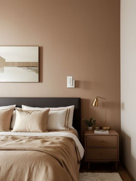 Tan Bedroom With Accent Wall, Accent Wall Bedroom Brown, Master Bedrooms Decor Beige Walls, Taupe Wall Color Bedroom, Bedroom With Taupe Walls, Brown Feature Wall Bedroom, Accent Wall Bedroom Neutral, Neutral Feature Wall Bedroom, Beige Color Room Bedrooms