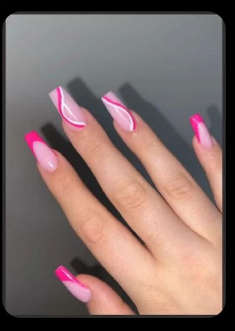 Hot Pink Coffin Nail Ideas, Hot Pink Nails Acrylic Design, Hot Pink Nail Inspo Acrylic, Hot Pink Nail Ideas Acrylic, Pink Nails For Hoco, Short Pink Acrylic Nails Design, Medium Square Acrylic Nails Pink, Hot Pink Nails For Prom, Hot Pink Aesthetic Nails