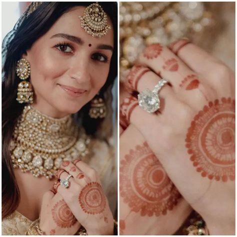 Alia Bhatt Wedding Mehndi, Alia Bhatt Mehendi Design, Alia Bhatt Mehendi, Alia Bhatt Wedding, Cocktail Party Jewelry, Heritage Wedding, American Diamond Ring, Office Jewelry, American Diamond Jewellery