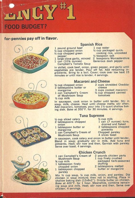 50s Dinner Recipes, Savory Recipes Dinner Ideas, Campbells Soup Recipes, Magazine Recipes, Savory Pies, Handwritten Recipes, One Pot Dishes, Campbell Soup, How To Cook Rice